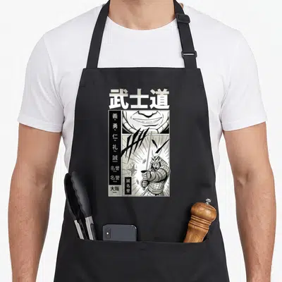 Tablier de cuisine noir avec illustration manga d'un samouraï brandissant une katana sous le titre Bushido.