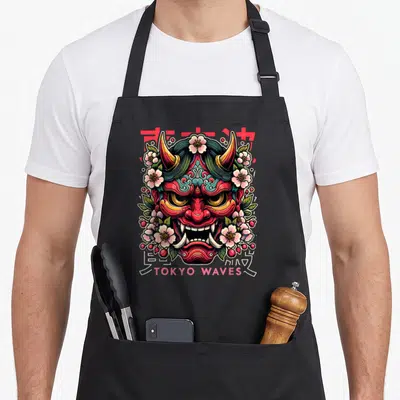 Tablier de cuisine noir avec un masque Oni rouge aux cornes dorées, des fleurs de sakura et le texte TOKYO WAVES en bas.