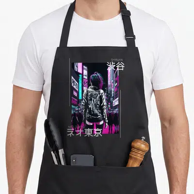 Tablier de cuisine noir avec illustration cyberpunk de Shibuya, néons roses et personnages au dos.