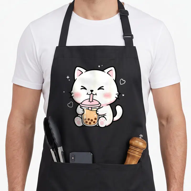Tablier de cuisine noir avec illustration d'un chat blanctenant un verre de thé aux perles boba rose
