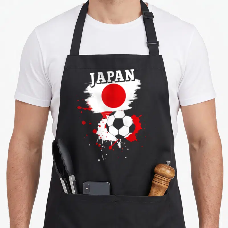 Tablier de cuisine noir avec illustration drapeau Japon et ballon de foot rouge blanc