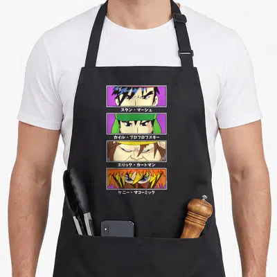 Tablier de cuisine noir avec quatre visages d'animés aux expressions sévères et leurs noms en caractères japonais alignés verticalement.