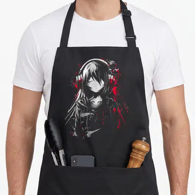 Tablier de cuisine noir avec illustration d'une fille au casque et éclaboussures rouges
