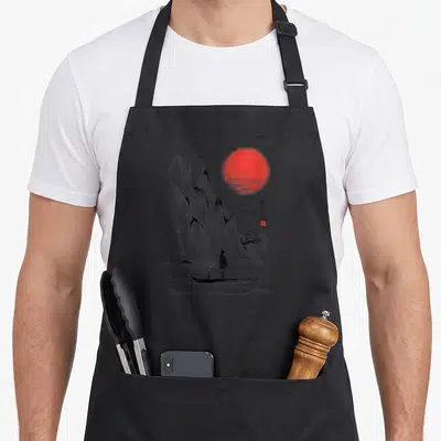 Tablier de cuisine noir avec illustration de paysage japonais, soleil rouge et silhouette de pêcheur sur bateau.