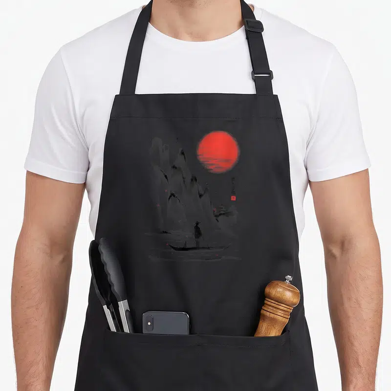 Tablier de cuisine noir avec illustration de paysage japonais, soleil rouge et silhouette de pêcheur sur bateau.
