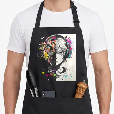 Tablier de cuisine noir avec illustration anime d'un visage portant un casque aux éclats de peinture multicolores.