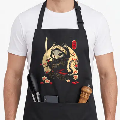 Tablier de cuisine noir avec illustration d'un chat samouraï japonais tenant une épée sous un arbre aux fleurs roses.