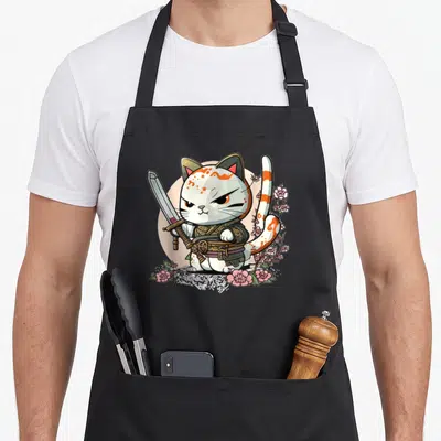 Tablier de cuisine noir avec illustration d'un chat samouraï ninja tenant une katana entouré de fleurs de sakura roses.
