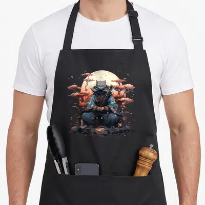 Tablier de cuisine noir avec un chat ninja samouraï assis devant une lune rose et des arbres stylisés.