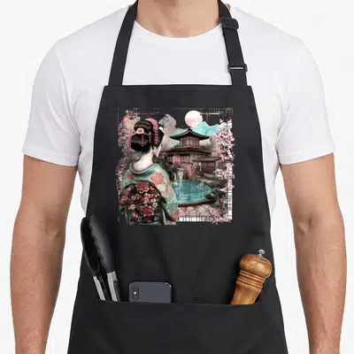Tablier de cuisine noir avec illustration d'une Geisha florale regardant un Onsen vintage encadré par des branches de sakura.