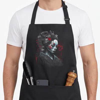 Tablier de cuisine noir avec illustration geisha squelette bleue et éclaboussures roses.