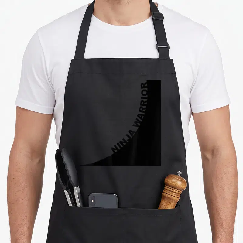 Tablier de cuisine noir avec inscription Ninja Warrior en courbe noire sur fond uni.