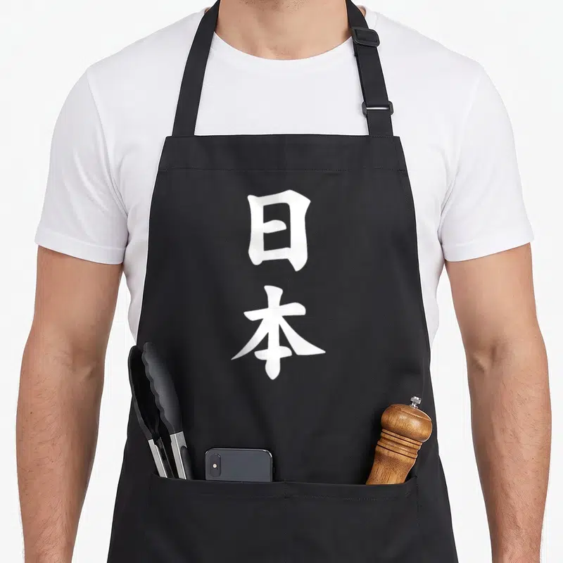 Tablier de cuisine noir orné de deux grands idéogrammes blancs représentant le Japon en style calligraphique traditionnel.