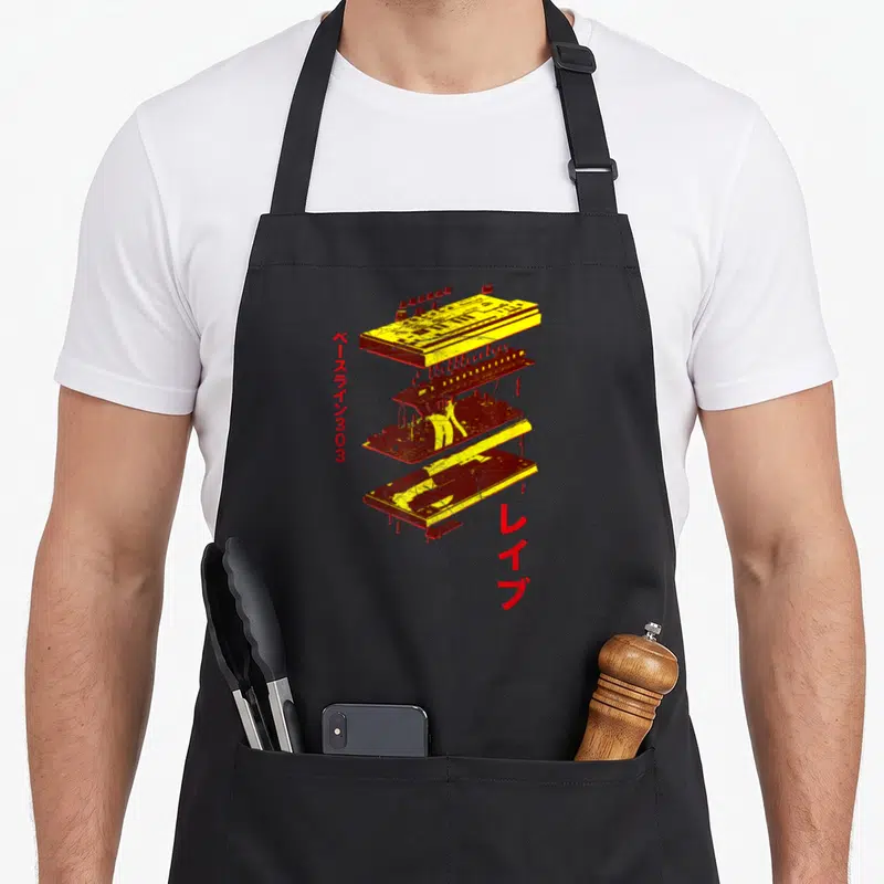 Tablier de cuisine noir avec illustration jaillissante d'un synthétiseur Acid Synth en couches jaunes et rouges.