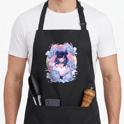 Tablier de cuisine noir avec une fille anime aux cheveux noirs entourée de dragons pastel et de nuages stylisés.