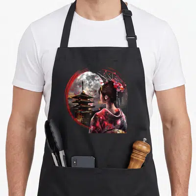 Tablier de cuisine noir avec illustration d'une Geisha en kimono face à une pagode japonaise sous un cercle rouge et la lune.