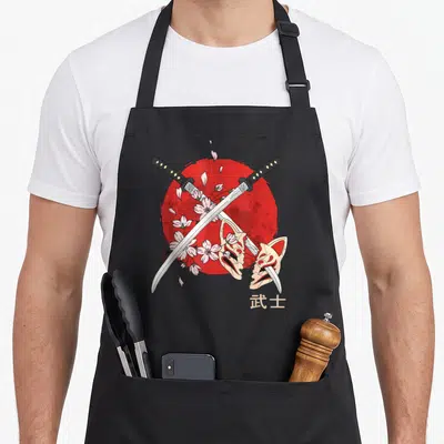 Tablier de cuisine noir avec illustration de deux katanas croisés sur un cercle rouge, des fleurs de cerisier et un masque de renard blanc.