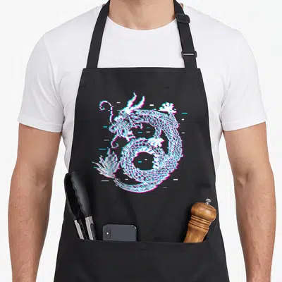Tablier de cuisine noir avec dragon japonais stylisé effet glitch numérique couleurs cyan et magenta sur fond gris uni.