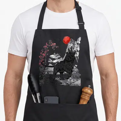 Tablier de cuisine noir avec illustration d'un tigre blanc, lune rouge et branches de sakura roses.