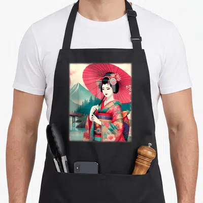 Tablier de cuisine noir avec illustration d'une geisha au parasol rouge et fond de paysage japonais.