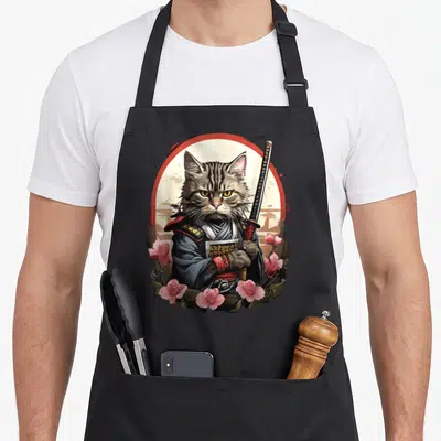 Tablier de cuisine noir avec illustration d'un chat samouraï ninja entouré de fleurs roses et d'une épée japonaise.