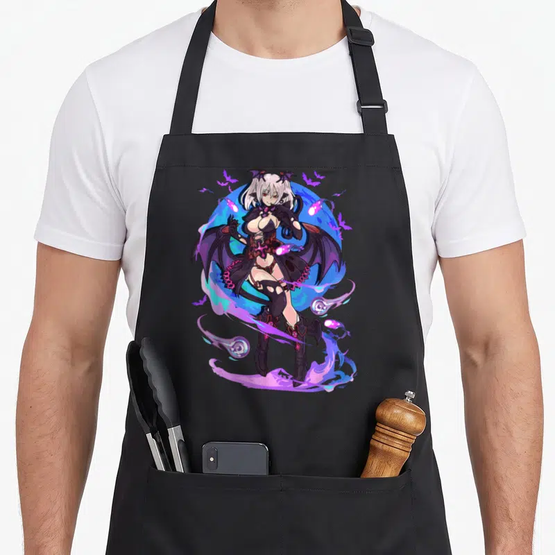 Tablier de cuisine noir avec illustration d'une demoiselle démon aux ailes noires et boules d'énergie.