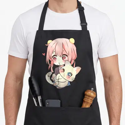 Tablier de cuisine noir avec une fille aux cheveux roses tenant un chat blanc kawaii dans le style manga.