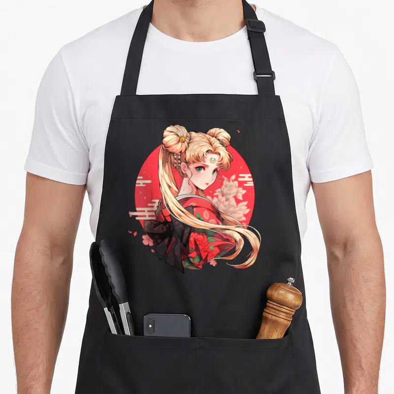 Tablier de cuisine noir avec illustration d'une Geisha de la Lune en kimono rouge et fleurs roses.