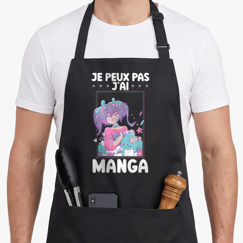 Tablier de cuisine noir avec illustration fille aux cheveux violets et texte Je peux pas j'ai manga