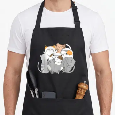Tablier de cuisine noir avec un groupe de chats kawaii aux couleurs pastel et expressions douces.