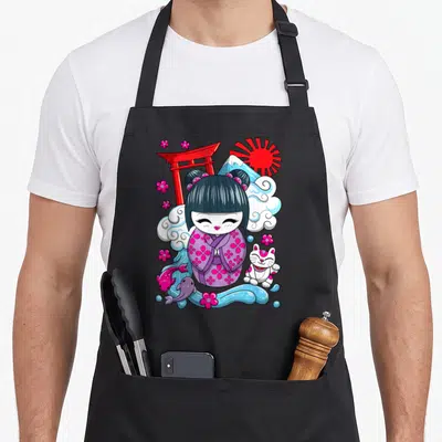 Tablier de cuisine noir avec une poupée Kokeshi en kimono violet, un chat maneki-neko, un portail torii rouge et des vagues bleues.