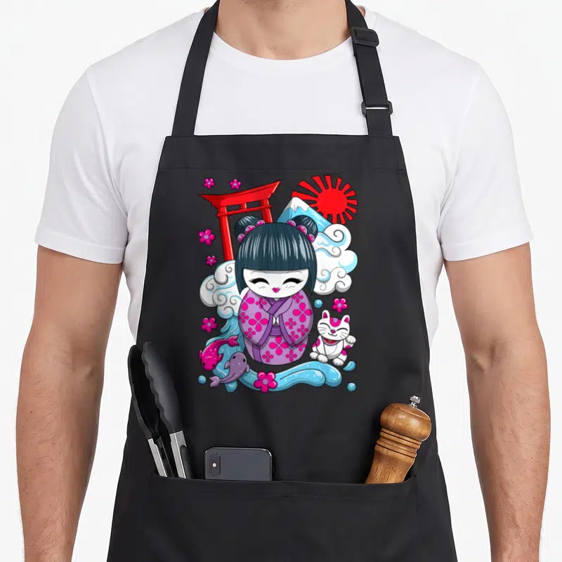 Tablier de cuisine noir avec une poupée Kokeshi en kimono violet, un chat maneki-neko, un portail torii rouge et des vagues bleues.