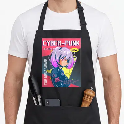 Tablier de cuisine noir avec une illustration cyberpunk d'une jeune femme aux cheveux roses et l'inscription CYBER-PUNK.