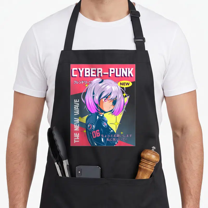 Tablier de cuisine noir avec une illustration cyberpunk d'une jeune femme aux cheveux roses et l'inscription CYBER-PUNK.