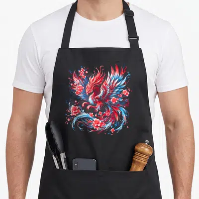 Tablier de cuisine noir avec un phoenix japonais aux couleurs vives et des fleurs de cerisier roses et bleues.