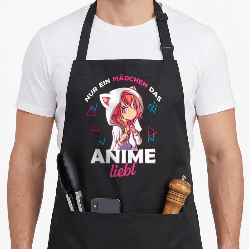 Tablier de cuisine noir avec une illustration de fille anime en capuche et le texte Nur ein Mädchen das Anime liebt.
