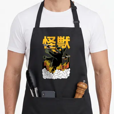 Tablier de cuisine noir avec illustration d'un chat monstre kaiju brûlant des bâtiments sous des hélicoptères et du texte jaune
