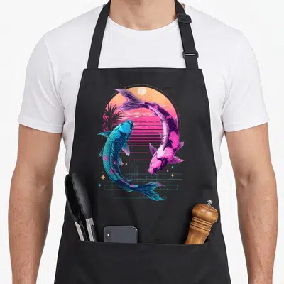 Tablier de cuisine noir avec deux carpes koi stylisées cyan et magenta sur fond sunset retro.