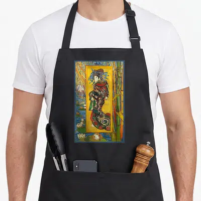 Tablier de cuisine noir avec une courtisane Van Gogh en art japonais et peinture impressionniste.