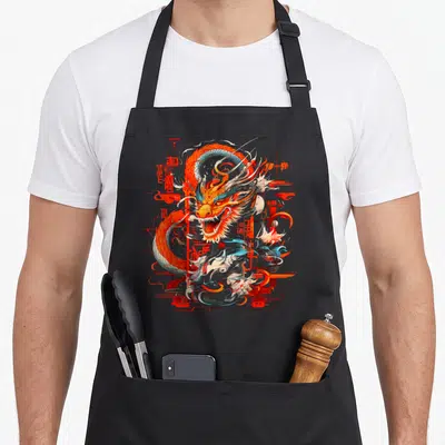 Tablier de cuisine noir avec un dragon orange et bleu en art graphique géométrique.