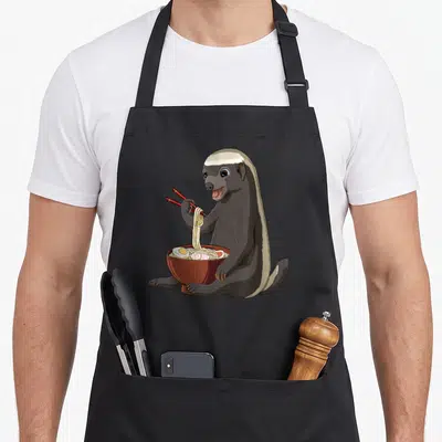 Tablier de cuisine noir avec illustration d'un Honey Badger Kawaii mangeant des nouilles Ramen avec des baguettes rouges.