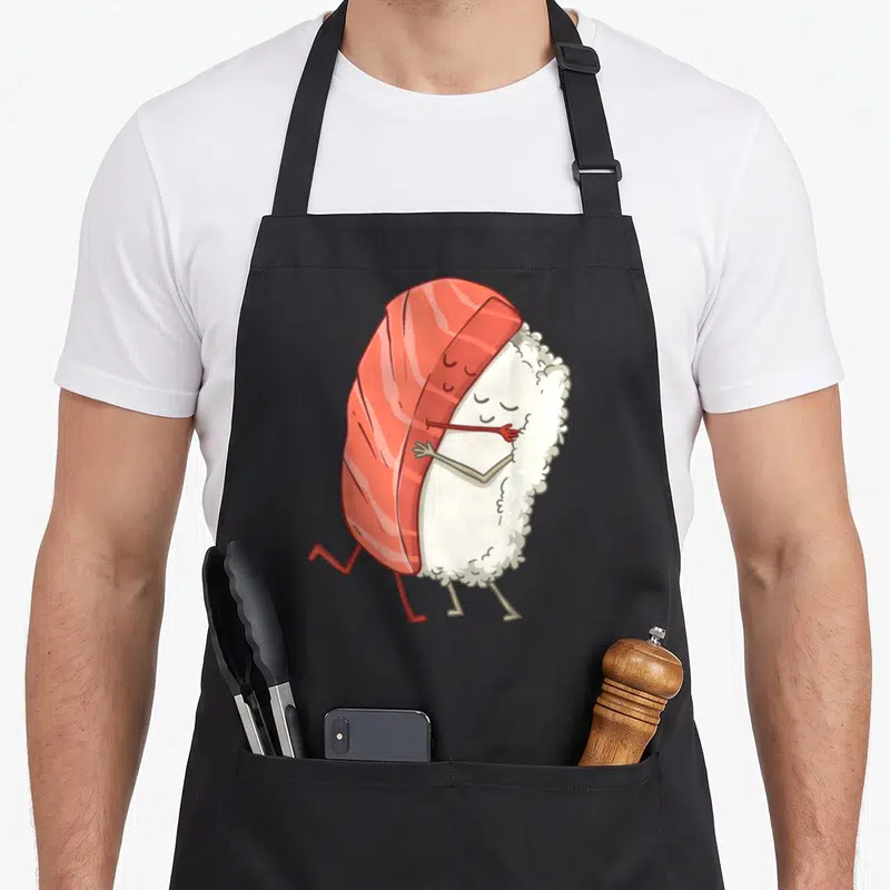 Tablier de cuisine noir avec illustration d'un sushi kawaii otaku weeb aux couleurs vives et au design mignon.