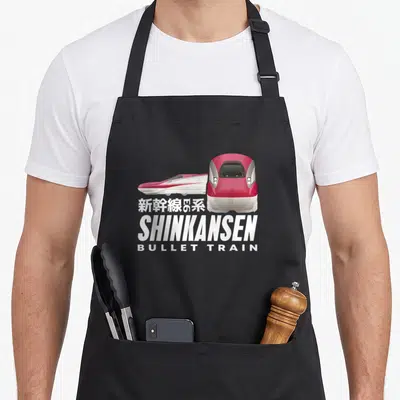Tablier de cuisine noir avec illustration du Shinkansen rouge et blanc et texte Kanji ainsi que Bullet Train en blanc.