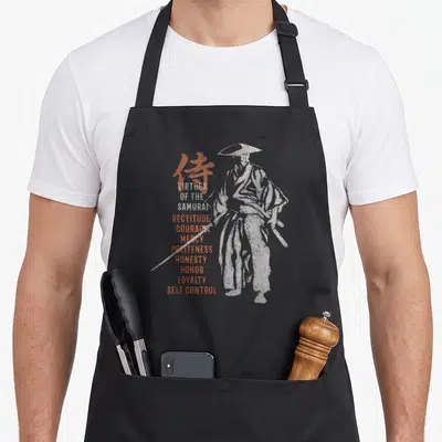 Tablier de cuisine noir avec silhouette samouraï et liste des vertus rectitude courage et loyauté en orange et gris.