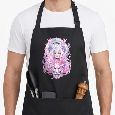 Tablier de cuisine noir avec illustration d'une Dragon Girl aux cheveux blancs entourée d'un dragon pastel rose et turquoise.