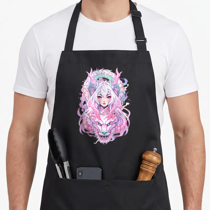 Tablier de cuisine noir avec illustration d'une Dragon Girl aux cheveux blancs entourée d'un dragon pastel rose et turquoise.