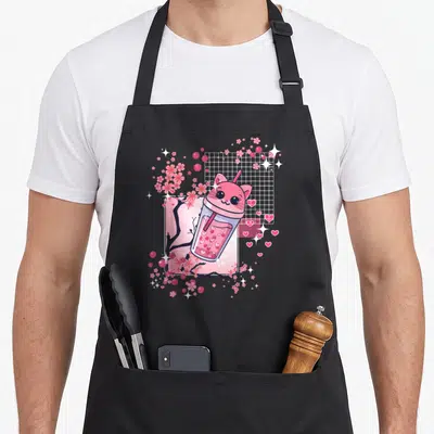 Tablier de cuisine noir avec illustration d'un chat boba rose et de fleurs de cerisier kawaii.