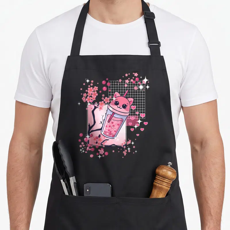 Tablier de cuisine noir avec illustration d'un chat boba rose et de fleurs de cerisier kawaii.