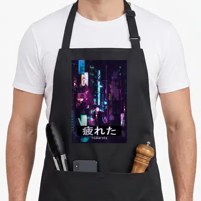 Tablier de cuisine noir avec illustration de rue japonaise nocturne et texte blanc tsukareta en bas.