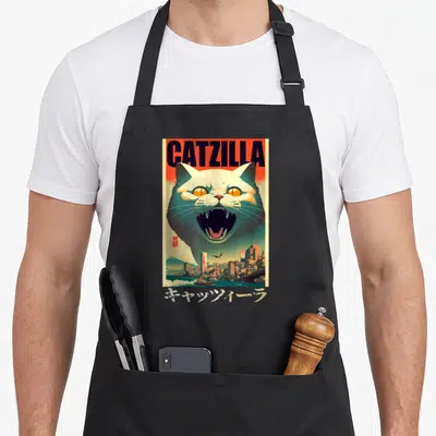 Tablier de cuisine noir avec illustration d'un chat géant blanc et d'une ville japonaise sous le titre CATZILLA